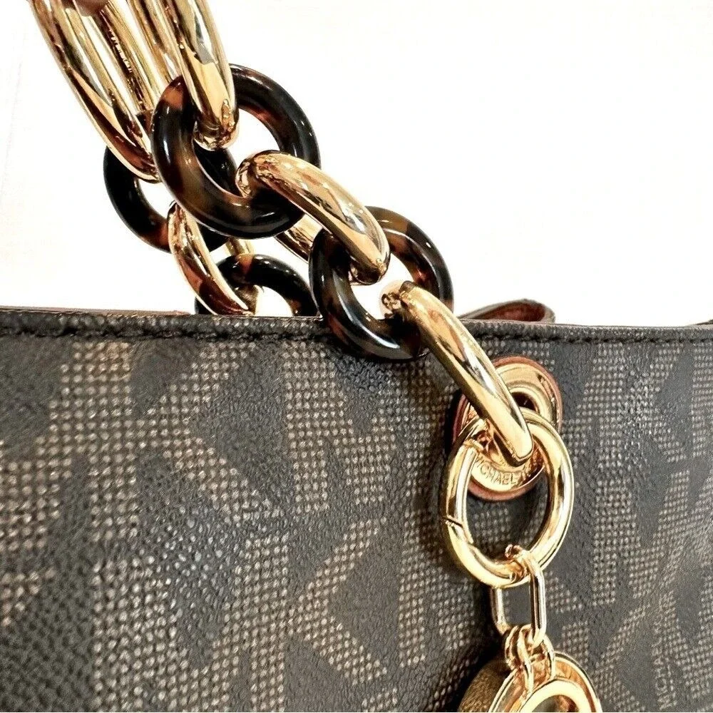 Michael Kors Signature Cynthia Satchel Purse Women's Medium Brown Gold Hardware‎